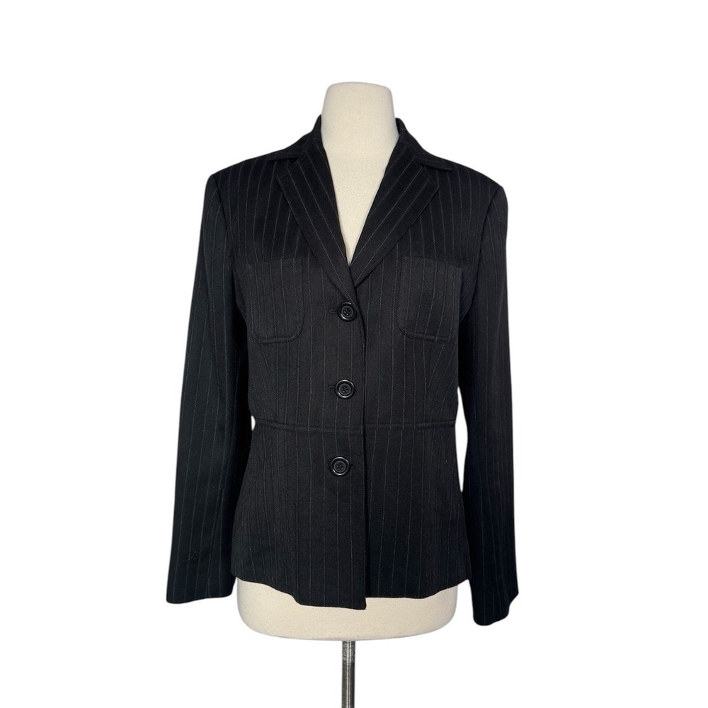 Philippe Adec Women's Wool Blend Three Button Stripes Blazer Jacket Black SZ 10